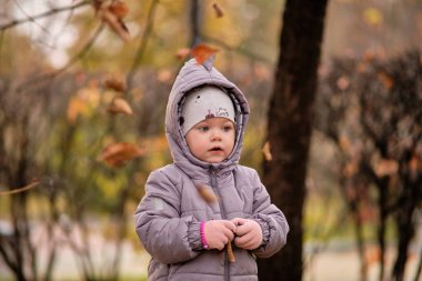 Dinozor ceketli küçük bir kız sonbahar yapraklarıyla oynuyor.