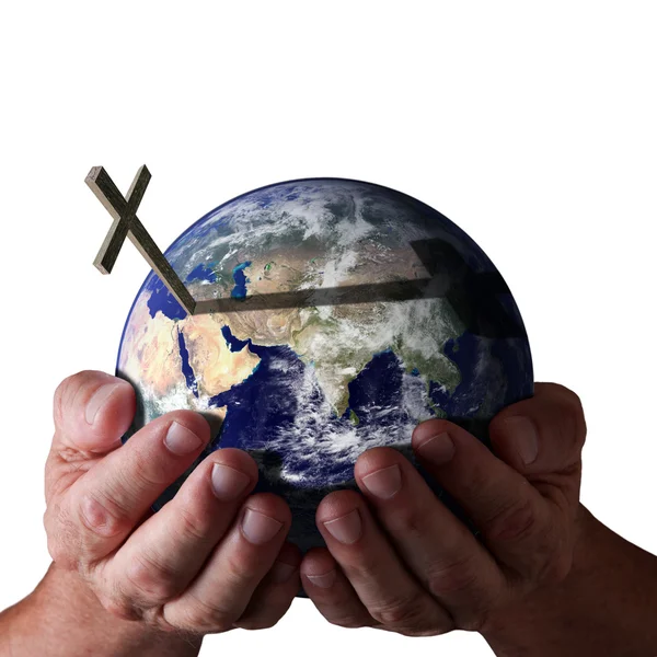 For God so loved the world... God holding world with cross — Stock Photo, Image