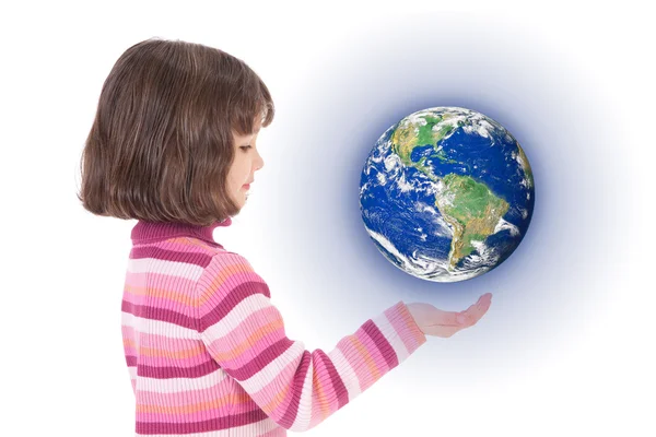 Girl holding world on hand — Stock Photo, Image