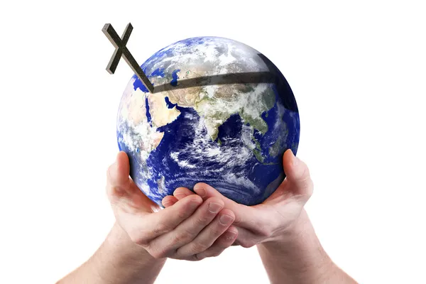 For God so loved the world - holding world in his hands — Stock Photo, Image