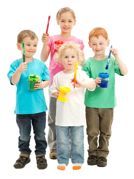 키즈 페인트 붓과 어린이 들의 그룹 스톡 이미지
