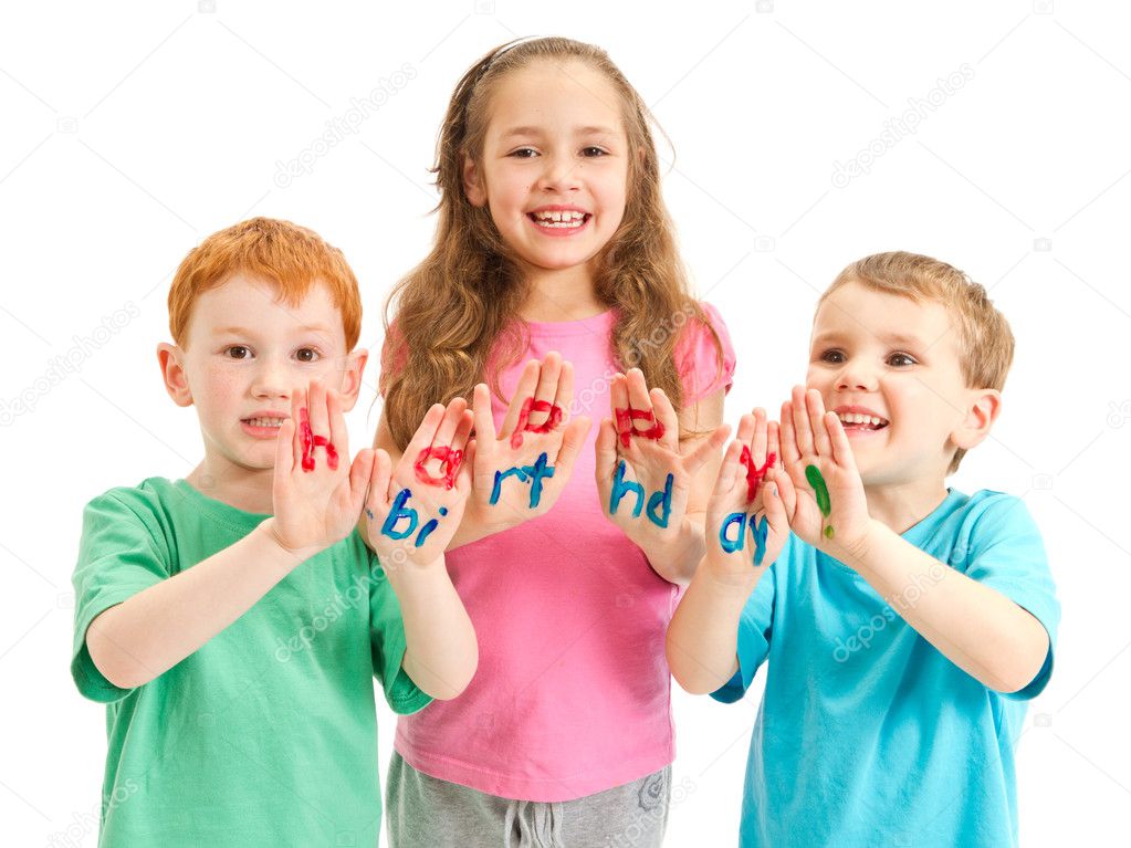 Kids happy birthday painted letters on hands