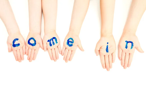 Painted kids hands with come in welcome — Stock Photo, Image