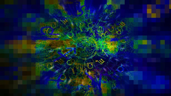 青モザイク占星術ホロスコープパターンテクスチャ背景 グラフィックデザイン — ストック写真
