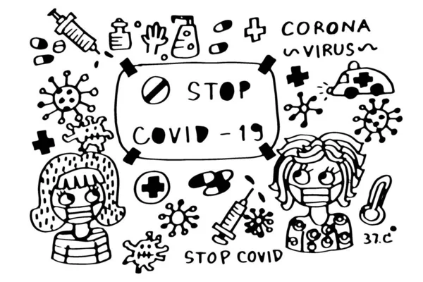 Stop Covid 19 doodle hand drawn icon cartoon