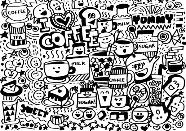 Kawiarnia Doodle Handdrawn Cartoon Tapety Tle Patten Design — Zdjęcie stockowe