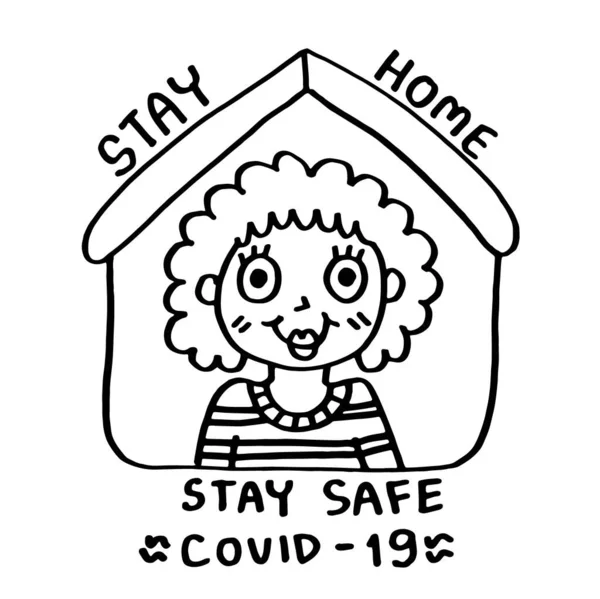 Old Woman Stay Home Stay Safe Covid Cartoon Doodle Hand — Stock Fotó