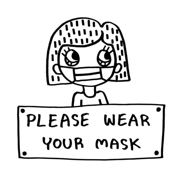 Girl Text Please Wear Your Mask Cartoon Doodle Hand Drawing — ストック写真