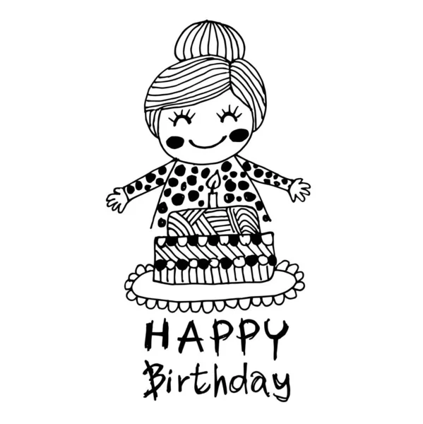 Cute girl with Happy Birthday Cake , cartoon doodle hand drawing