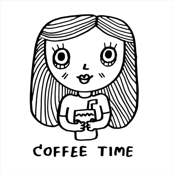 Cute girl with glass of ice coffee , cartoon doodle hand drawing
