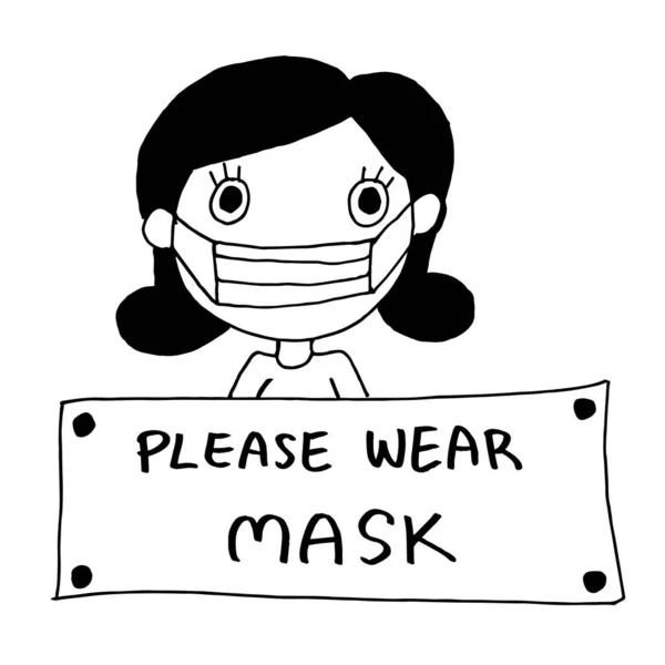 Woman Wear Mask Text Please Wear Mask Cartoon Doodle Hand — 스톡 사진