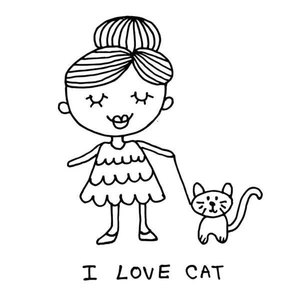 Cute Girl Cat Cartoon Doodle Hand Drawing Black Line White — Foto de Stock