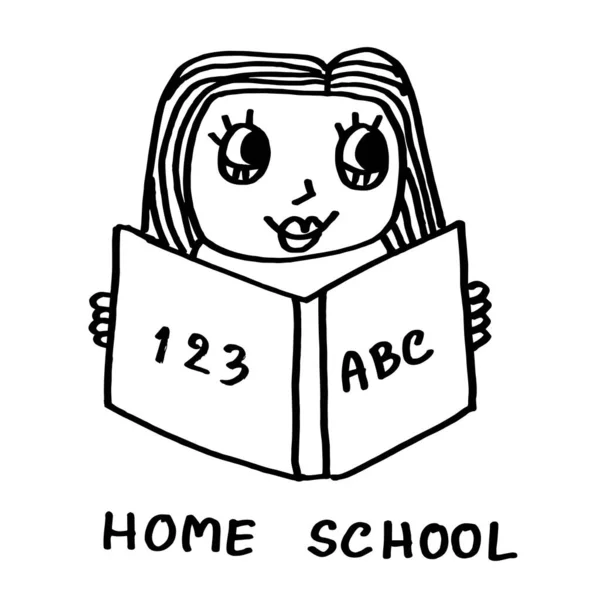 Okulu Kitap Tutan Kız Evde Öğrenme Karikatür Çizen Çizimi — Stok fotoğraf