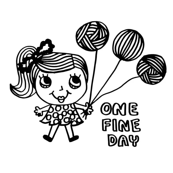 Cute Girl Hold Balloon Cartoon Doodle Hand Draw Black Line — ストック写真