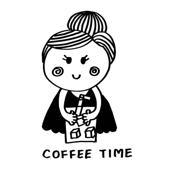 Schattig Meisje Houden Ijs Koffie Glas Cartoon Doodle Hand Trekken — Stockfoto