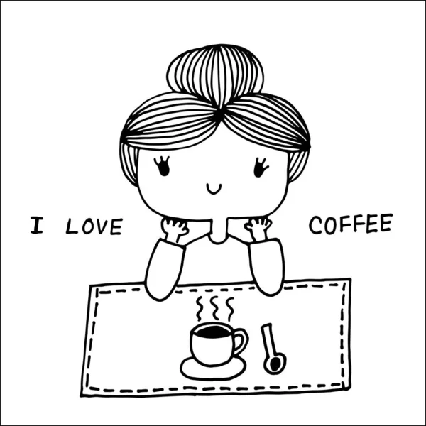 Cute girl with glass of hot coffee on the table and text I Love Coffee , cartoon doodle hand drawing