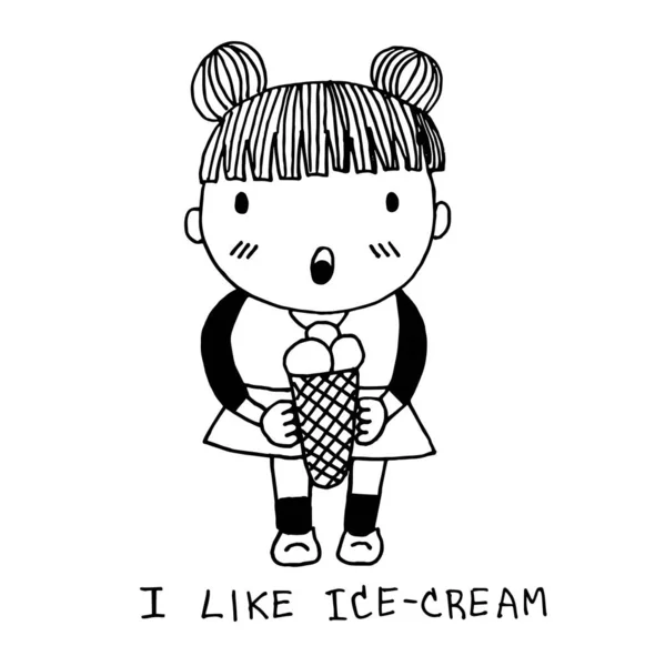 Cute Girl Holding Ice Cream Cone Doodle Artoon Hand Drawing — 스톡 사진