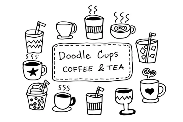 Set Cup Coffee Tea Cute Doodle Cartoon Hand Drawing Obraz Stockowy