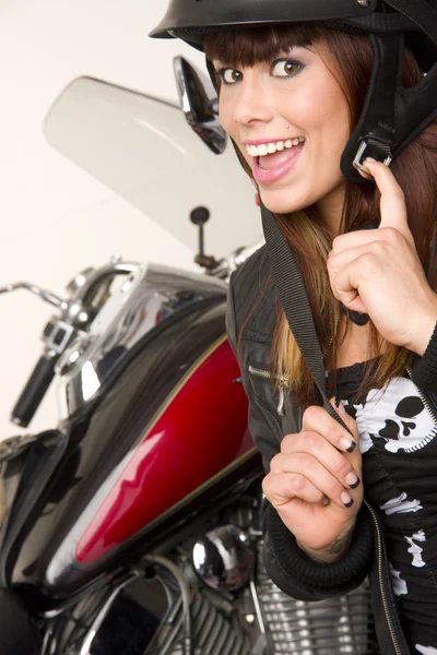 Happy Rider Bruntte Woman Attaches Strap on Helmet by Motorcycle — Stock Photo, Image