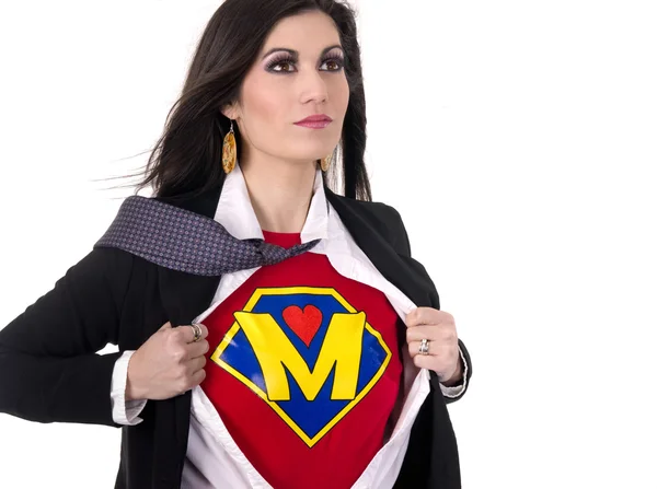 Super mamá abre camisa para revelar el estado de superhéroe de cresta de placa torácica —  Fotos de Stock