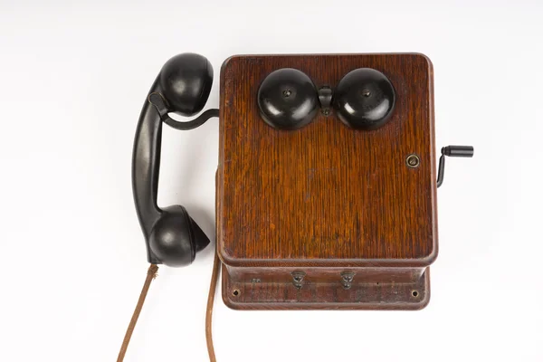 Retro Wood Wall Telefon Kommunikation Box Bakelite Håndsæt Bell Ringer - Stock-foto