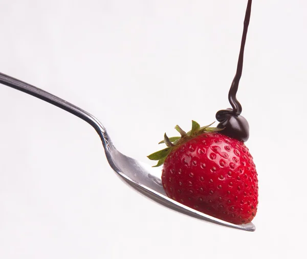 Chocolade raakt de berry — Stockfoto