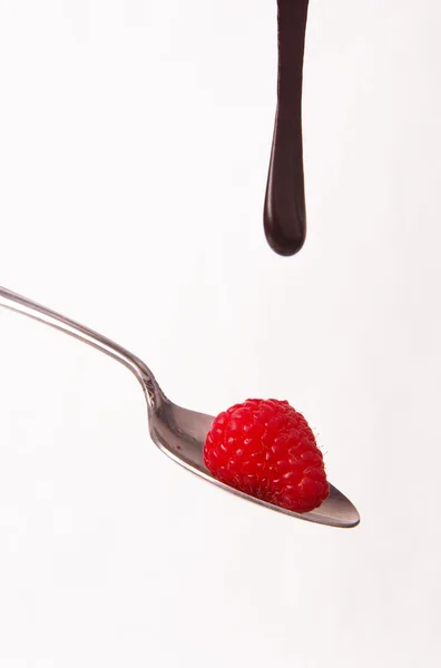 Chocolate Falling on Berries Red Fruit Food Raspberry — Stock Photo, Image