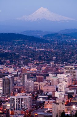 Portland skyline dikey kompozisyon şehir binaları dağ arka plan