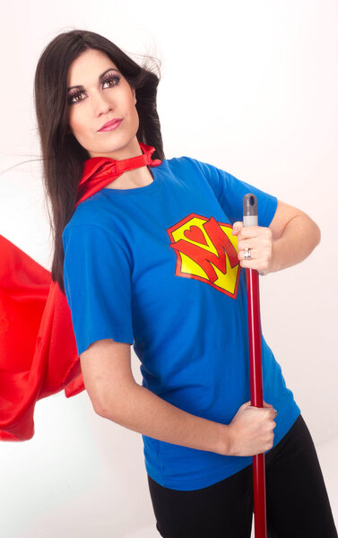 Everyday Housewife Mom Sweeps Broom Resembling Super Hero