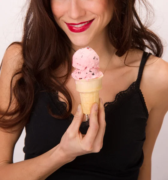 Woman Smiling Eating Strawberry Ice Cream Cone — Stock Photo, Image