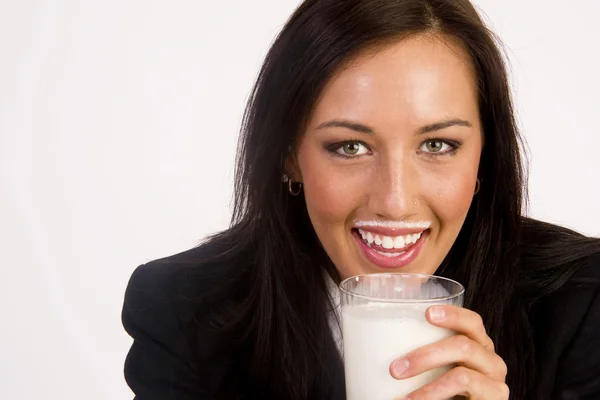 Milk Mustache Attrave Brunette Woman Drinking Refreshment — Stock Photo, Image