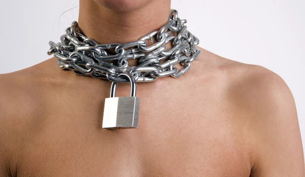 Woman Locked in Padlock Chastity Chain Around Neck — Stock Photo, Image