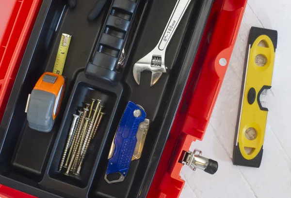 Orange Tool Box Wrench Measuring Tape and Level — Stock Photo, Image