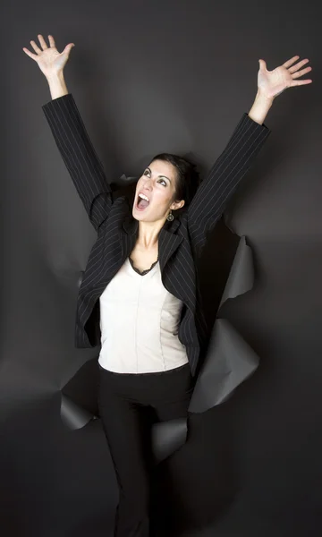 Business Woman Breaks Through Black Barrier — Stock Photo, Image