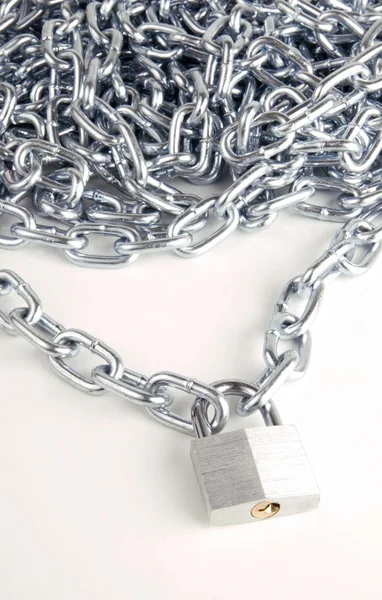 Link Chain Connected By Keyed Steel Locking Padlock on White — Stock Photo, Image