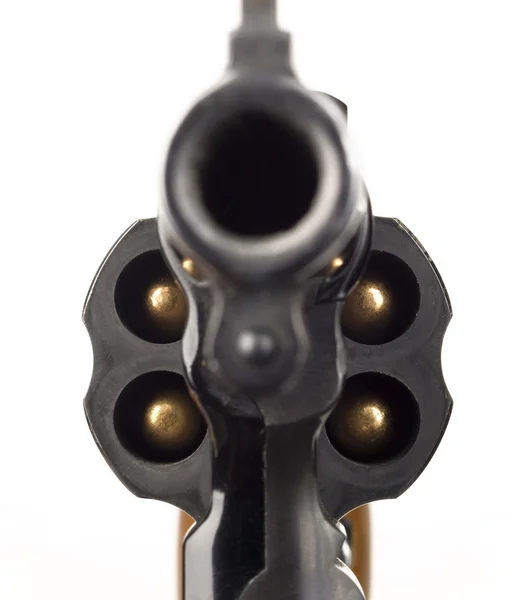 Revólver 38 calibre pistola carregada cilindro arma barril apontado — Fotografia de Stock