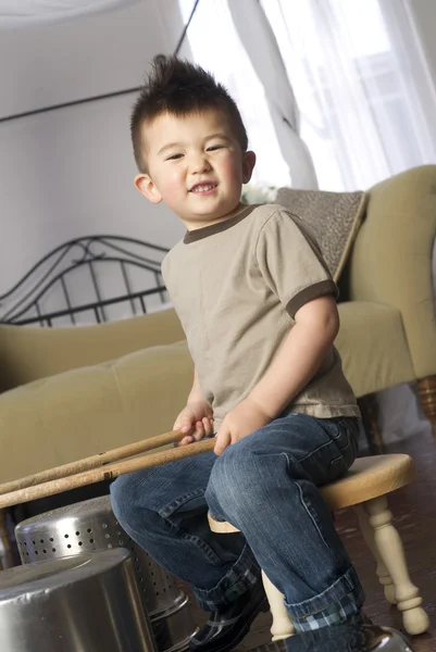 Happy Young Boy Plays Beats Kitchen Pots Pans Like Drums — Stock Photo, Image