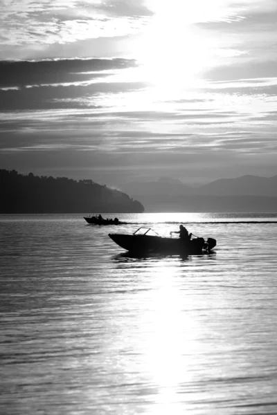 Fisherman Small Boats Sunrise Commencement Bay Puget Sound Water — Stock Photo, Image