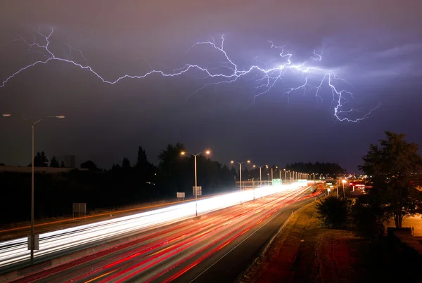 Rare Thunderstorm Producing Lightning Over Tacoma Washington I-5 — Stock Photo, Image