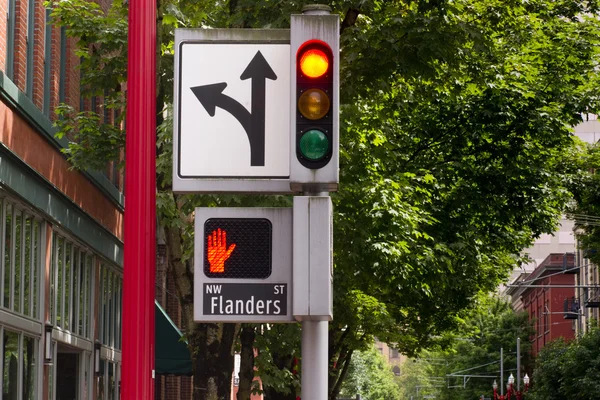 Traffic Pedestrian and Directional Symbols Signals Downtown Street — Stock Photo, Image
