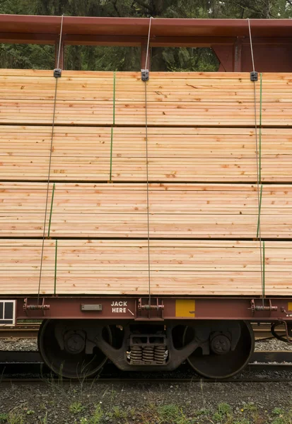 Kereste yüklü demiryolu araç taşıma yük vagonu inşaat malzeme — Stok fotoğraf