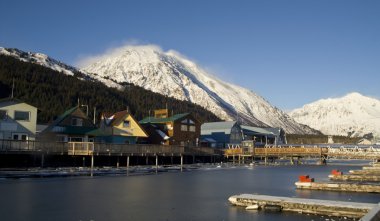 Winter Freeze Resurrection Bay Seward Alaska Docks Marina Boardwalk Mountain Background clipart