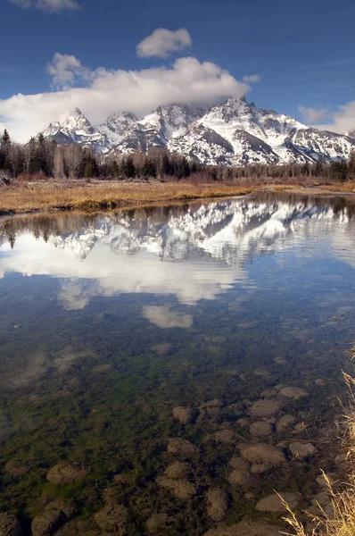 Snake River Reflection Cloud Cover Jagged Peaks Grand Teton Wyoming Vertical — Stock Photo, Image