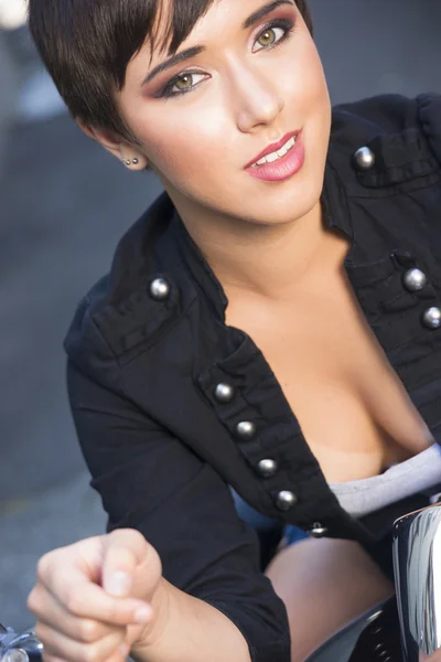 Intimate Portrait Young Glowing Woman Sitting on Motorcycle in Alley — Stock Photo, Image