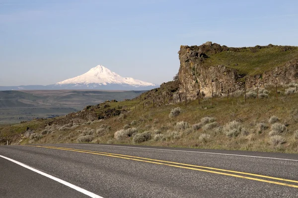 Duas pistas estrada revela Mt Hood Cascade Range paisagem — Fotografia de Stock