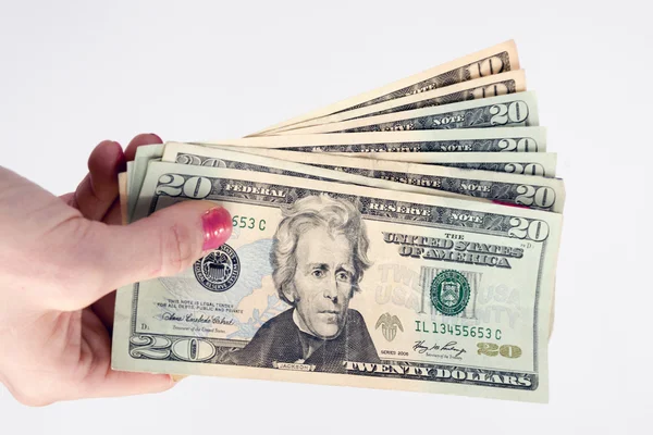 Female Hand Holds Cash Payment Currency Twenty Dollar Money Green — Stock Photo, Image