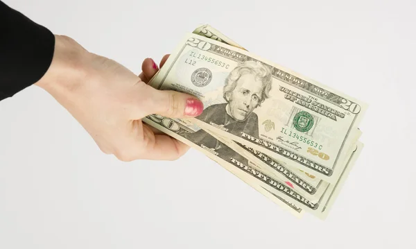 Female Hand Holds Cash Payment Currency Twenty Dollar Money Green Backs — Stock Photo, Image