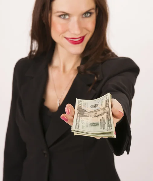 Biznes kobieta ręce pieniężnych płatności dwadzieścia dolarowych — Zdjęcie stockowe