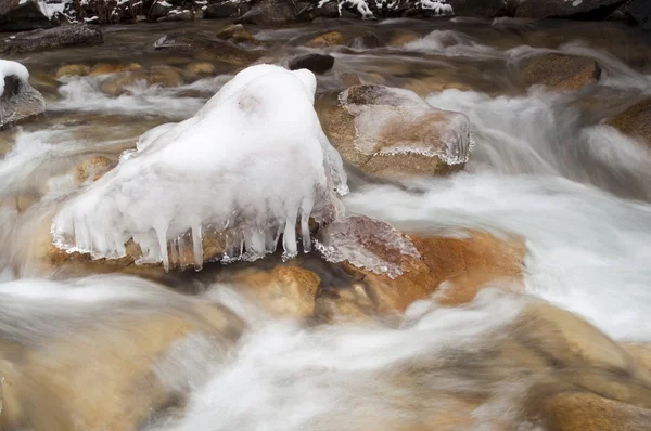 Rushing River Frozen Water Ice Rocks Winter Landscape Moving Stream — Stock Photo, Image