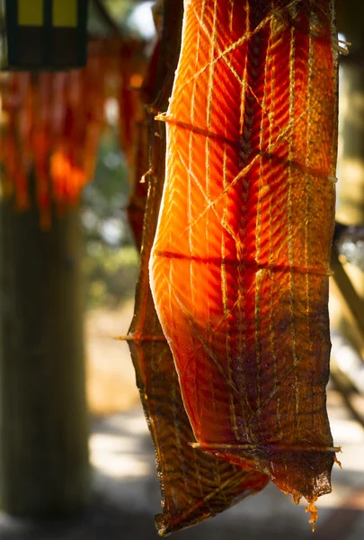 King Salmon Fish Meat Catch Hanging Native American Lodge Drying — Stock Photo, Image